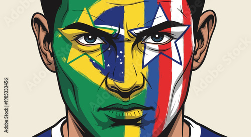 Man with Brazilian and Russian Flags Painted on Face - Political Conflict or Unity