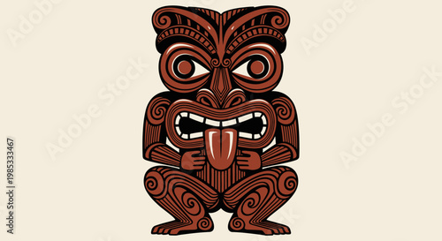 Maori Tiki Statue Illustration, Tribal Art, Polynesian Culture, Brown Wood Texture