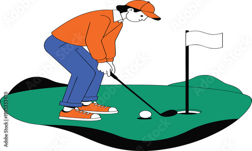 An illustration depicts a golfer in a vibrant orange sweater and blue pants preparing to putt on a green course high quality professional detailed modern elegant