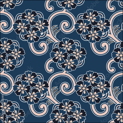 Japanese Bouquet Curl Branch Vector Seamless Pattern