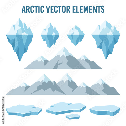 Icebergs and snowy mountains arctic vector landscape element set
