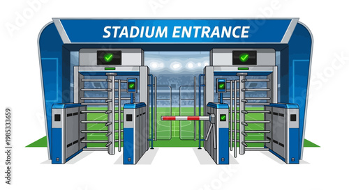 Modern Stadium Entrance with Turnstiles and Soccer Field Background