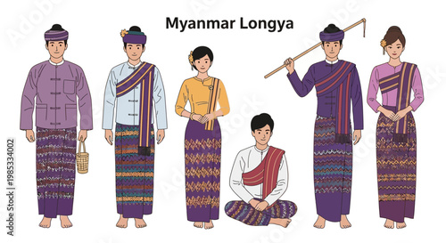 Myanmar Longyi Traditional Clothing Ethnic People Illustration