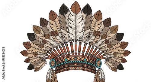Native American Headdress with Feathers and Geometric Patterns on White Background
