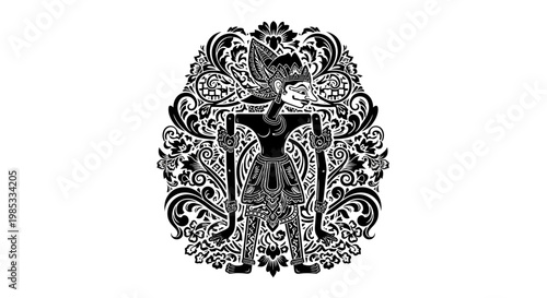 Ornate Black and White Silhouette of Javanese Wayang Kulit Figure