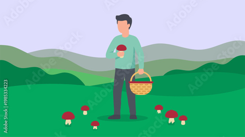 Mushroom picker in a scenic green field with basket, flat design.