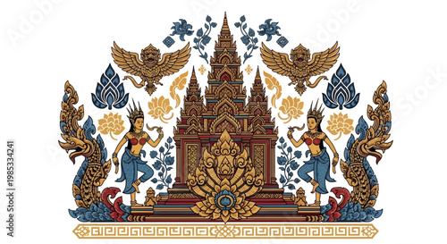 Ornate Cambodian Temple Design with Mythical Creatures and Dancers