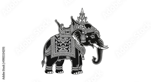 Ornate Elephant Silhouette with Traditional Ornaments, Symbol of Thailand