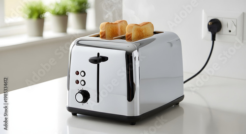 Chrome toaster with two slices of bread browning and steaming inside on a kitchen counter near a window with a wall socket plugged in