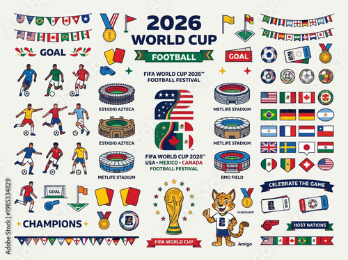 A large collection of diverse sports fans and supporters cheering with flags, banners, and various items for a football festival or World Cup event.