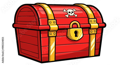 Red Treasure Chest with Skull and Crossbones, Locked Pirate Box