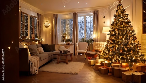Cozy living room scene with a decorated Christmas tree, presents, soft lighting, and a view of a snowy outdoors