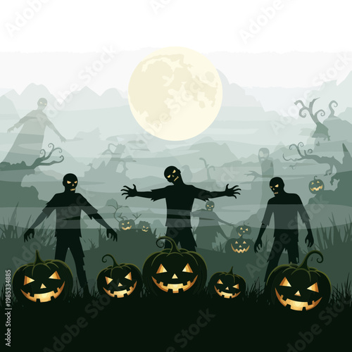 Spooky Halloween Night Scene with Zombies and Jack-o'-lanterns under the Full Moon
