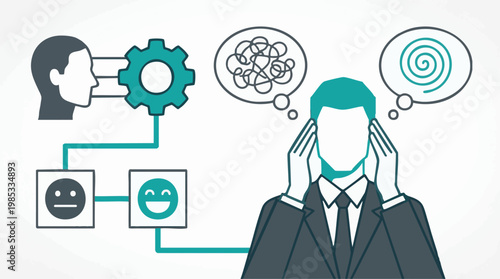 Conceptual illustration of mind process, problem-solving, and emotional output