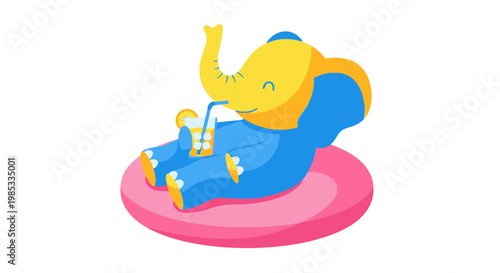 Cute cartoon elephant relaxing and drinking juice on a pink cushion