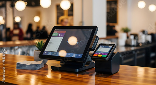 Modern point of sale system on a wooden counter in a cafe, digital payment terminal and touch screen display