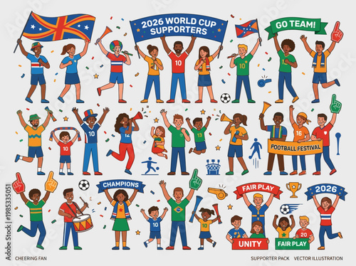 A large collection of diverse sports fans and supporters cheering with flags, banners, and various items for a football festival or World Cup event.