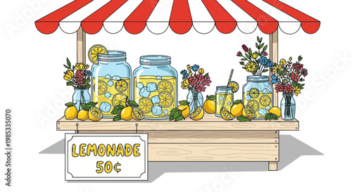 Hand-drawn Lemonade Stand with Fresh Lemons, Jars, and Flowers