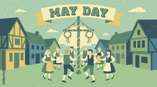 Traditional May Day celebration illustration with people dancing around a Maypole