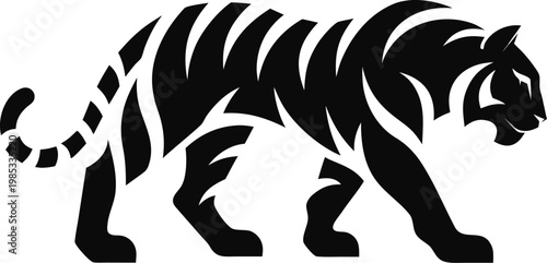 Stylized black tiger walking on a white background, flat design vector illustration,Generative Ai