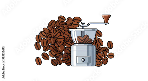 Vintage Coffee Grinder with Pile of Roasted Beans