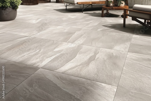 Terrace floor features textured grey stone tiles arranged in a modern patio setting with comfortable outdoor furniture and lush green plants placed under the soft glow of natural daylight.