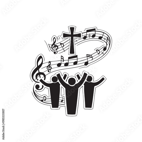 Christian Worship Illustration Featuring Church Choir Singing Praise Music Near Holy Cross Symbol. 