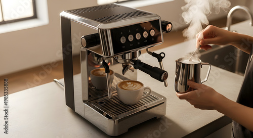 A person prepares an espresso with steamed milk using a modern coffee machine