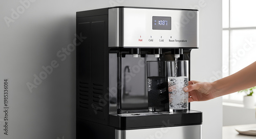 Modern water dispenser machine with a clear glass being filled with cool water in a bright home kitchen setting
