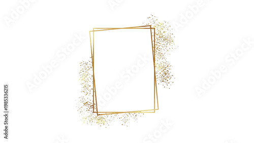 Abstract geometric frame with golden outline and scattered particles around Vector