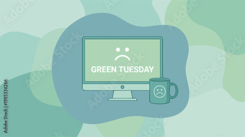 Green Tuesday concept with sad emoticon on monitor and mug illustration