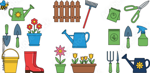 Garden Tools Vector Icon Set with Watering Can, Flower Pots, Fence, Rake, Scissors, Boots, Bucket, Trowel, and Spray Bottle Elements