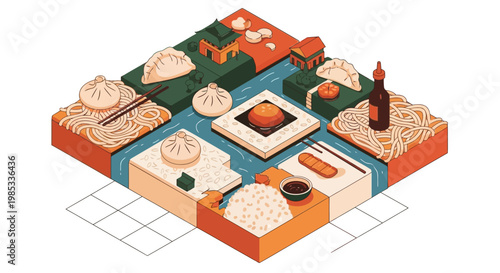 Isometric Asian Food World Concept Vector Illustration with Dim Sum, Noodles, and Rice