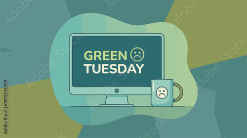 Green Tuesday concept on computer monitor and mug with sad face emoji