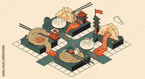Isometric Asian Cuisine World Concept with Noodles Waterfall, Dumplings, and Traditional Pagoda Buildings on Grid Base