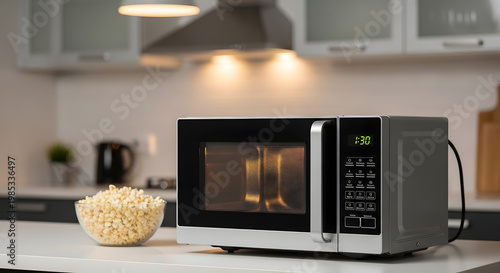 Modern kitchen scene featuring a sleek microwave oven preparing a quick snack, with a delightful bowl of fresh popcorn ready on the countertop, perfect for casual home enjoyment