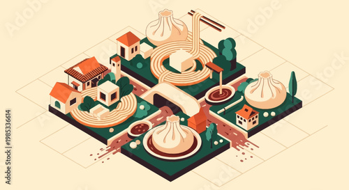 Isometric Asian Food World Vector Illustration Featuring Dim Sum, Noodles, and Traditional Architecture on Creative Cityscape Diorama
