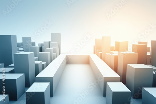 Cityscape skyline rendered in a minimalist geometric style depicts abstract building blocks arranged around a central plaza under a soft glowing light for urban planning presentations.