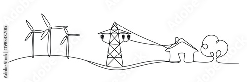 Wind energy continuous line art drawing wind turbines producing electricity power line and home consumer black linear vector illustration