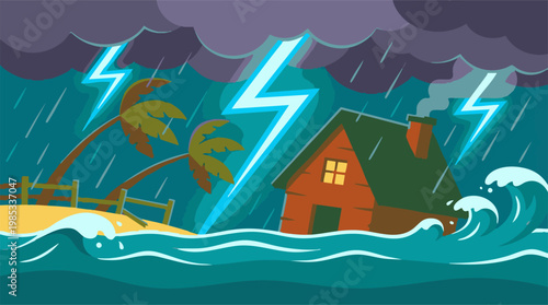 Coastal house caught in a severe tropical storm, flood, and lightning