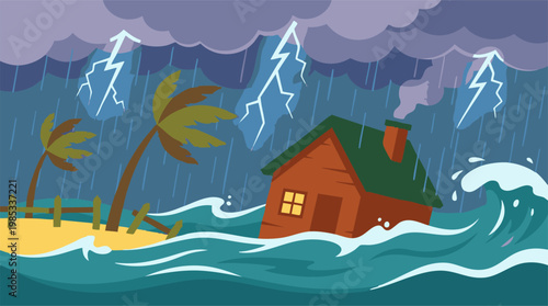 Coastal house and palm trees engulfed by floodwaters during a lightning storm