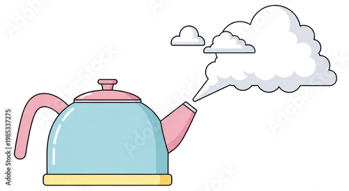 Whimsical Teapot Steaming Clouds and Small Clouds, Isolated on White Background
