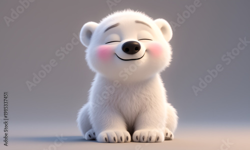 Cute 3D animated baby polar bear sitting and smiling happily with rosy cheeks on a soft background