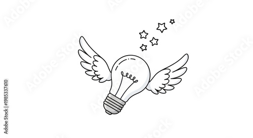Winged Light Bulb Flying with Stars - Symbol of Ideas and Inspiration