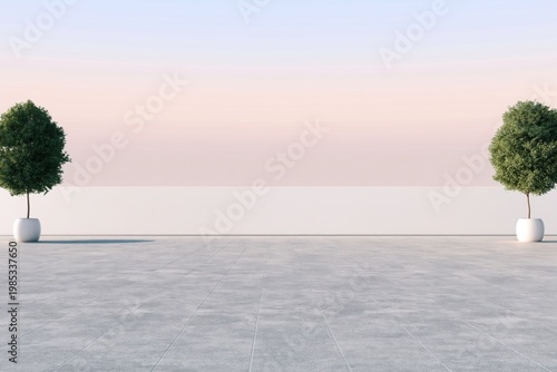 Potted trees stand symmetrically on a paved stone terrace against a soft pastel sky to offer a balanced and serene atmosphere for architectural visualization or outdoor design concepts.