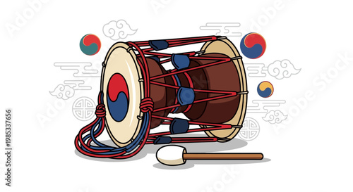 Traditional Korean Janggu Drum with Taegeuk Symbols, Music Instrument