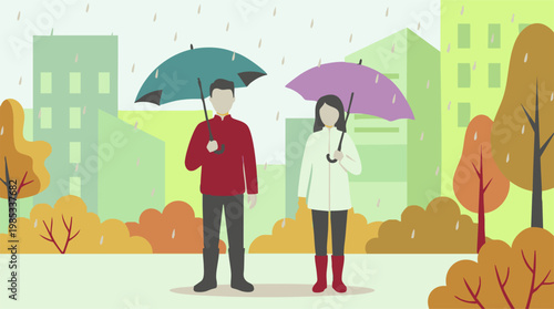 Man and woman with umbrellas walking in autumn rain, urban landscape