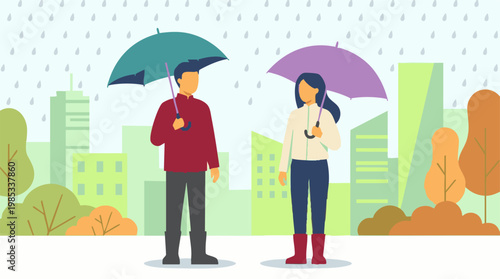 Man and woman with umbrellas walking in the city during a rainy day