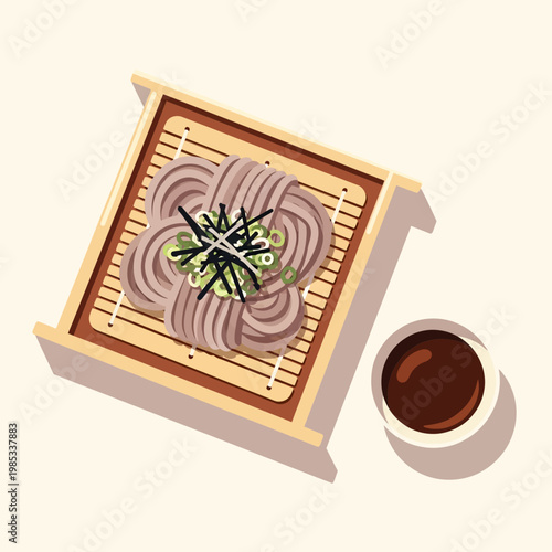 Delicious Chilled Japanese Buckwheat Soba Noodles Garnished with Scallions and Nori, Served on a Classic Wooden Tray with Dipping Sauce