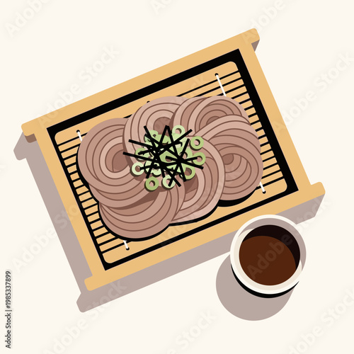 Traditional Japanese Soba noodles, chilled on a zaru mat with dipping sauce; an elegant culinary delight vector